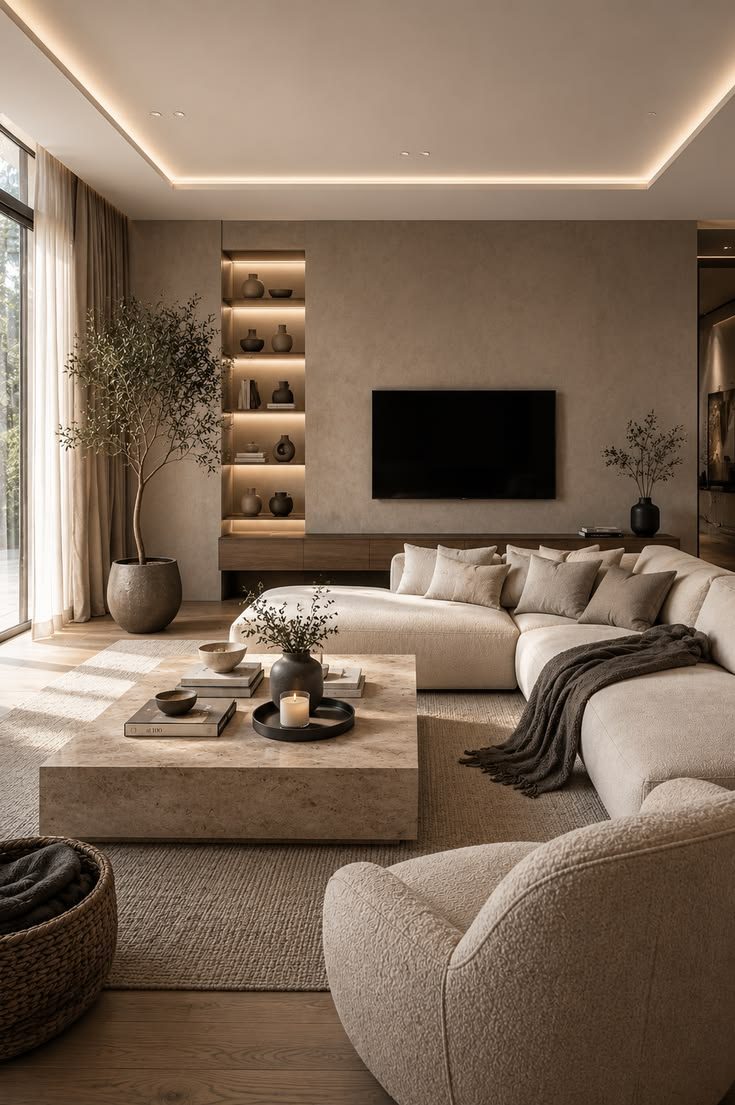 Styled living room with olive tree and warm neutral furnishings