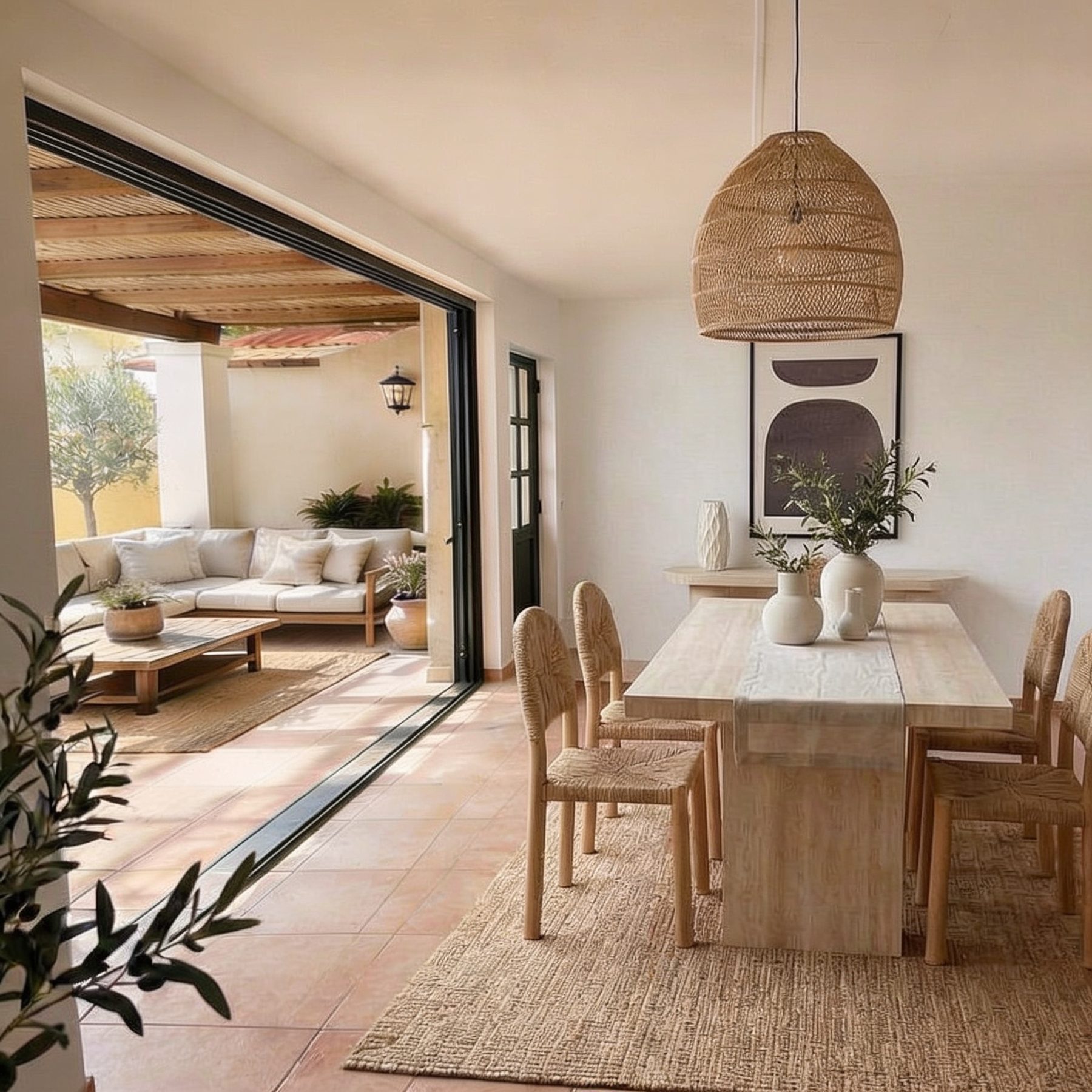 Sunlit dining and living space with warm natural textures